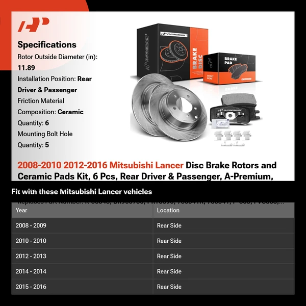 2008-2010 2012-2016 Mitsubishi Lancer Disc Brake Rotors and Ceramic Pads Kit, 6 Pcs, Rear Driver & Passenger, A-Premium, APBRPR145
