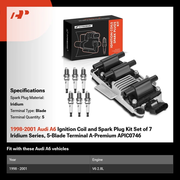 1998-2001 Audi A6 Ignition Coil and Spark Plug Kit Set of 7 Iridium Series, 5-Blade Terminal A-Premium APIC0746