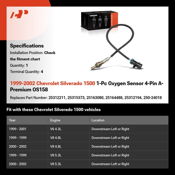 1999-2002 Chevrolet Silverado 1500 1-Pc Oxygen Sensor 4-Pin A-Premium OS158