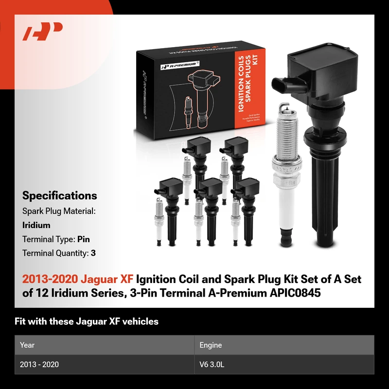 2013-2020 Jaguar XF Ignition Coil and Spark Plug Kit Set of A Set of 12 Iridium Series, 3-Pin Terminal A-Premium APIC0845