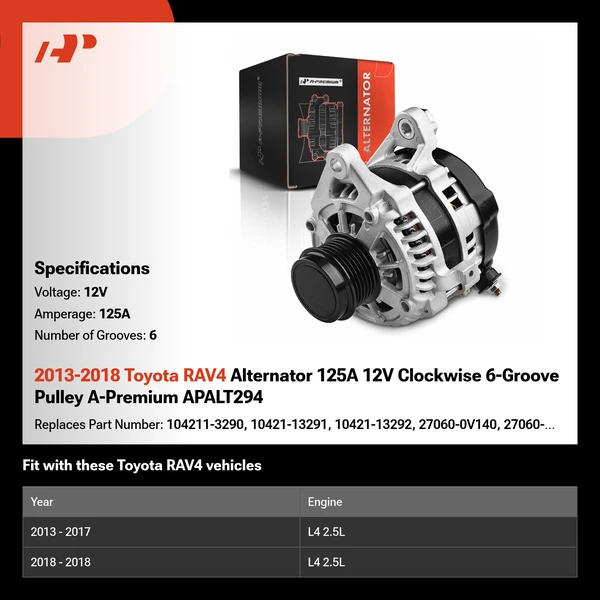 2013-2018 Toyota RAV4 Alternator 125A 12V Clockwise 6-Groove Pulley A-Premium APALT294