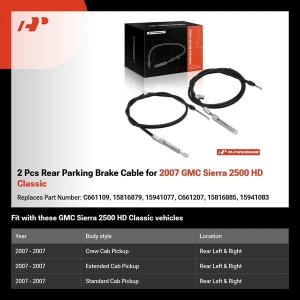 2 Pcs Rear Parking Brake Cable for 2007 GMC Sierra 2500 HD Classic
