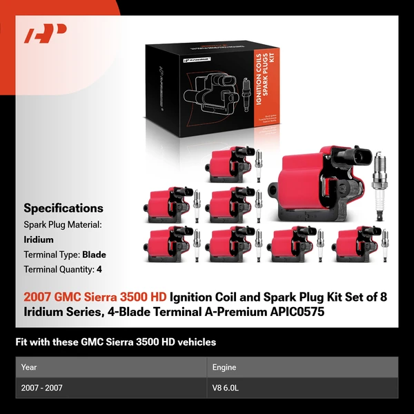 2007 GMC Sierra 3500 HD Ignition Coil and Spark Plug Kit Set of 8 Iridium Series, 4-Blade Terminal A-Premium APIC0575