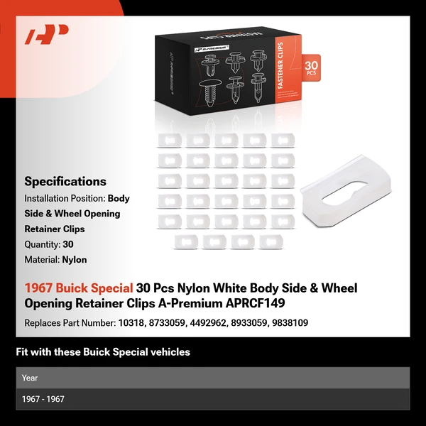 1967 Buick Special 30 Pcs Nylon White Body Side & Wheel Opening Retainer Clips A-Premium APRCF149
