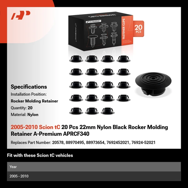 2005-2010 Scion tC 20 Pcs 22mm Nylon Black Rocker Molding Retainer A-Premium APRCF340