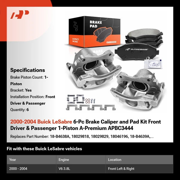 2000-2004 Buick LeSabre 6-Pc Brake Caliper and Pad Kit Front Driver & Passenger 1-Piston A-Premium APBC3444