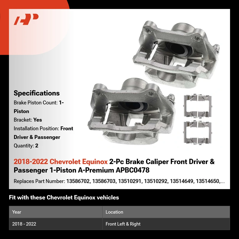 2018-2022 Chevrolet Equinox 2-Pc Brake Caliper Front Driver & Passenger 1-Piston A-Premium APBC0478