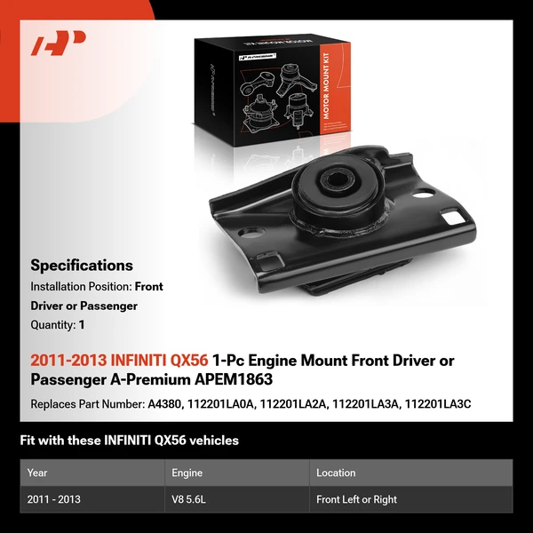 2011-2013 INFINITI QX56 1-Pc Engine Mount Front Driver or Passenger A-Premium APEM1863