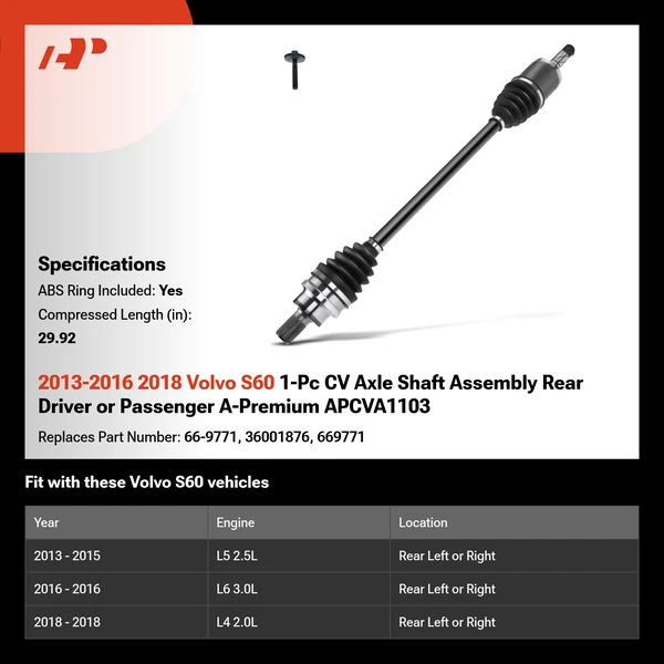 2013-2016 2018 Volvo S60 1-Pc CV Axle Shaft Assembly Rear Driver or Passenger A-Premium APCVA1103