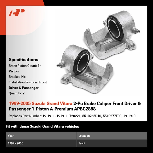 1999-2005 Suzuki Grand Vitara 2-Pc Brake Caliper Front Driver & Passenger 1-Piston A-Premium APBC2888
