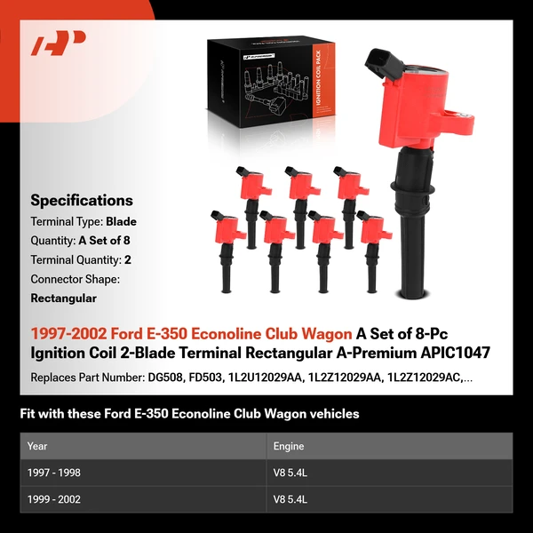 1997-2002 Ford E-350 Econoline Club Wagon A Set of 8-Pc Ignition Coil 2-Blade Terminal Rectangular A-Premium APIC1047