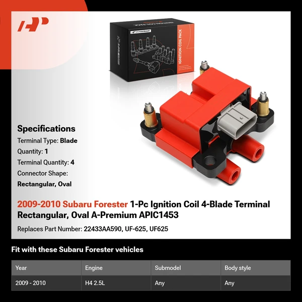 2009-2010 Subaru Forester 1-Pc Ignition Coil 4-Blade Terminal Rectangular, Oval A-Premium APIC1453