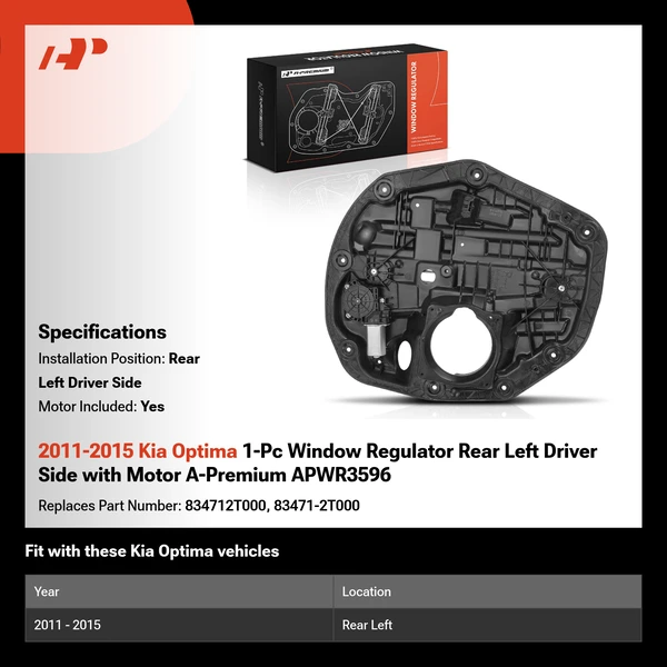 2011-2015 Kia Optima 1-Pc Window Regulator Rear Left Driver Side with Motor A-Premium APWR3596