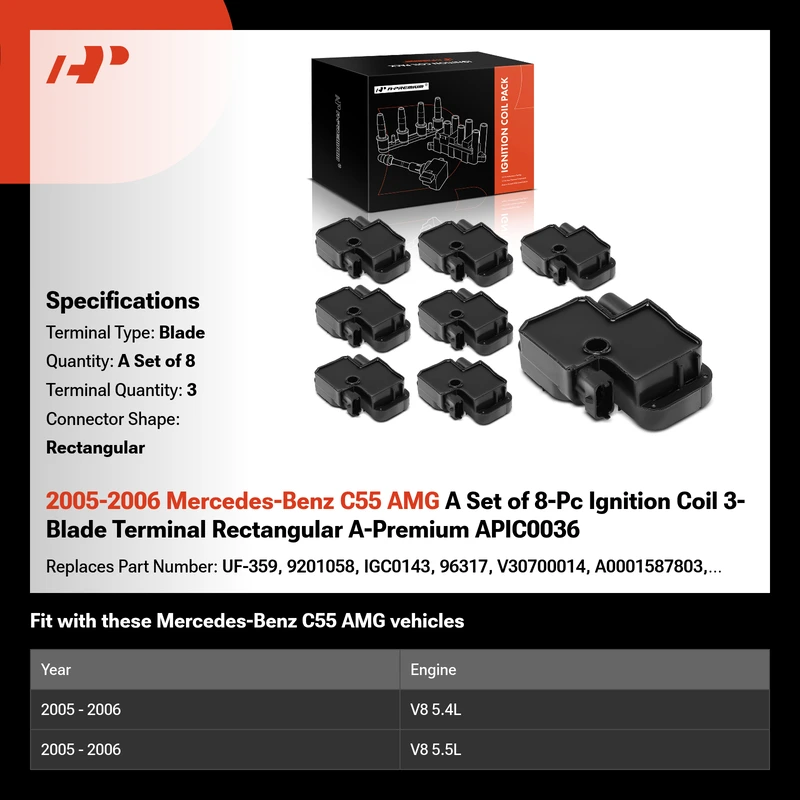 2005-2006 Mercedes-Benz C55 AMG A Set of 8-Pc Ignition Coil 3-Blade Terminal Rectangular A-Premium APIC0036