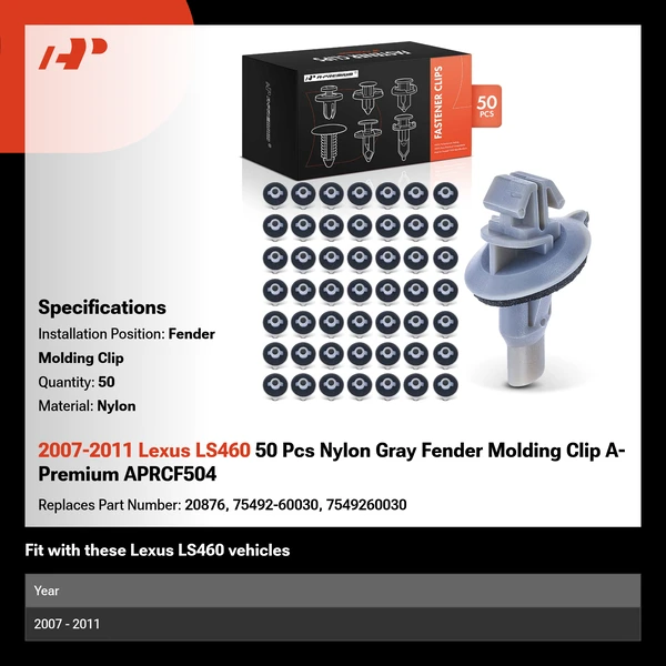2007-2011 Lexus LS460 50 Pcs Nylon Gray Fender Molding Clip A-Premium APRCF504