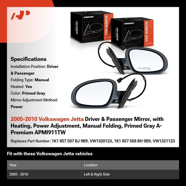 2005-2010 Volkswagen Jetta Driver & Passenger Mirror, with Heating, Power Adjustment, Manual Folding, Primed Gray A-Premium APMI911TW