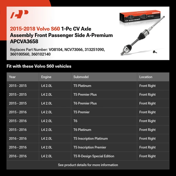 2015-2018 Volvo S60 1-Pc CV Axle Assembly Front Passenger Side A-Premium APCVA3658
