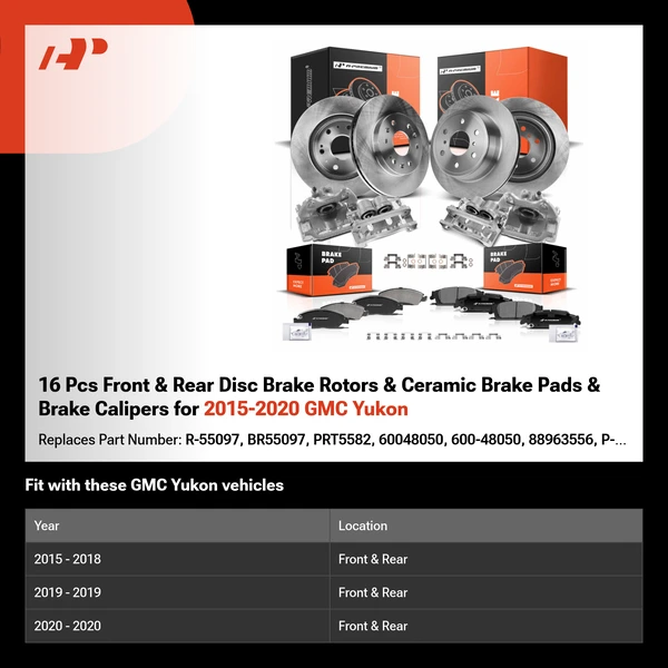 16 Pcs Front & Rear Disc Brake Rotors & Ceramic Brake Pads & Brake Calipers for 2015-2020 GMC Yukon