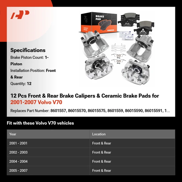 12 Pcs Front & Rear Brake Calipers & Ceramic Brake Pads for 2001-2007 Volvo V70