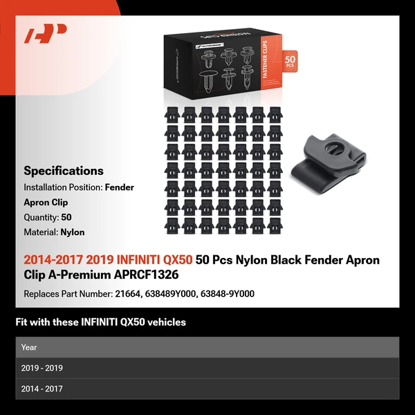 2014-2017 2019 INFINITI QX50 50 Pcs Nylon Black Fender Apron Clip A-Premium APRCF1326