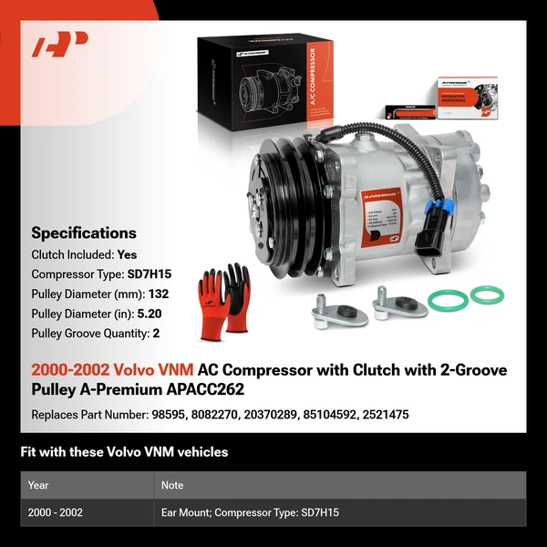 2000-2002 Volvo VNM AC Compressor with Clutch with 2-Groove Pulley A-Premium APACC262