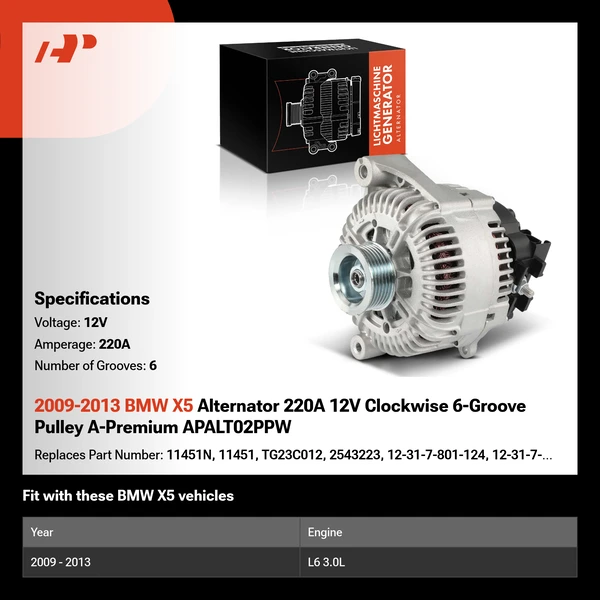 2009-2013 BMW X5 Alternator 220A 12V Clockwise 6-Groove Pulley A-Premium APALT02PPW
