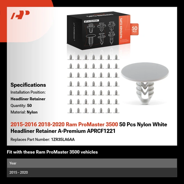 2015-2016 2018-2020 Ram ProMaster 3500 50 Pcs Nylon White Headliner Retainer A-Premium APRCF1221