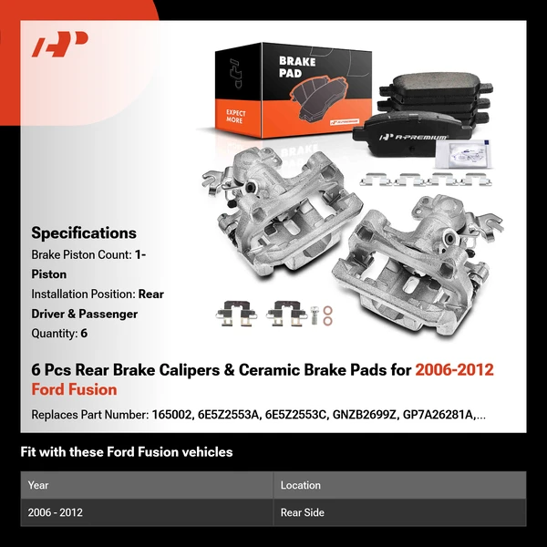 6 Pcs Rear Brake Calipers & Ceramic Brake Pads for 2006-2012 Ford Fusion
