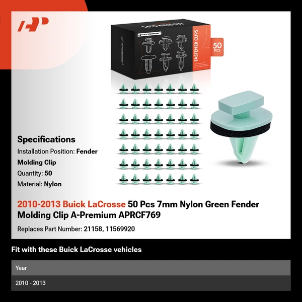 2010-2013 Buick LaCrosse 50 Pcs 7mm Nylon Green Fender Molding Clip A-Premium APRCF769