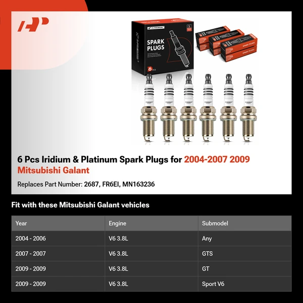 6 Pcs Iridium & Platinum Spark Plugs for 2004-2007 2009 Mitsubishi Galant