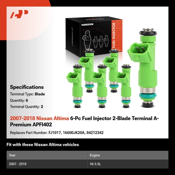 2007-2018 Nissan Altima 6-Pc Fuel Injector 2-Blade Terminal A-Premium APFI402