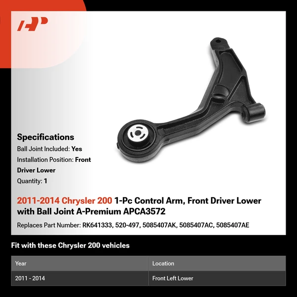 2011-2014 Chrysler 200 1-Pc Control Arm, Front Driver Lower with Ball Joint A-Premium APCA3572