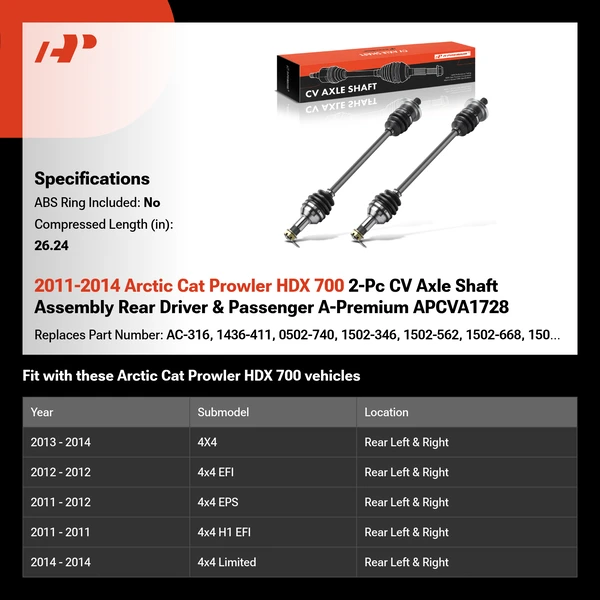 2011-2014 Arctic Cat Prowler HDX 700 2-Pc CV Axle Shaft Assembly Rear Driver & Passenger A-Premium APCVA1728