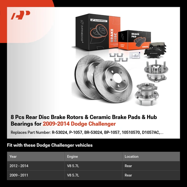 8 Pcs Rear Disc Brake Rotors & Ceramic Brake Pads & Hub Bearings for 2009-2014 Dodge Challenger