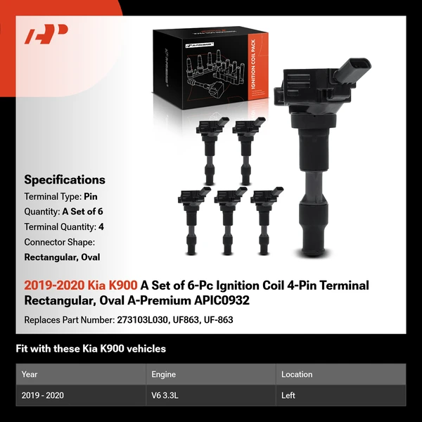 2019-2020 Kia K900 A Set of 6-Pc Ignition Coil 4-Pin Terminal Rectangular, Oval A-Premium APIC0932