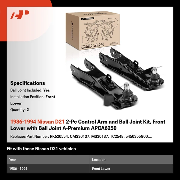 1986-1994 Nissan D21 2-Pc Control Arm and Ball Joint Kit, Front Lower with Ball Joint A-Premium APCA6250