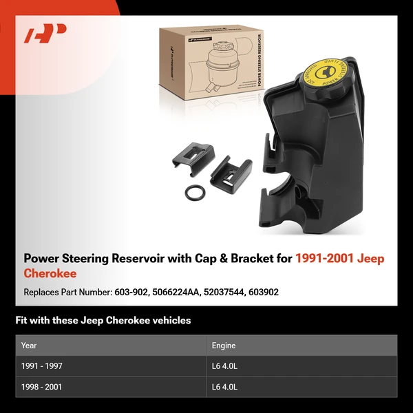 Power Steering Reservoir with Cap & Bracket for 1991-2001 Jeep Cherokee