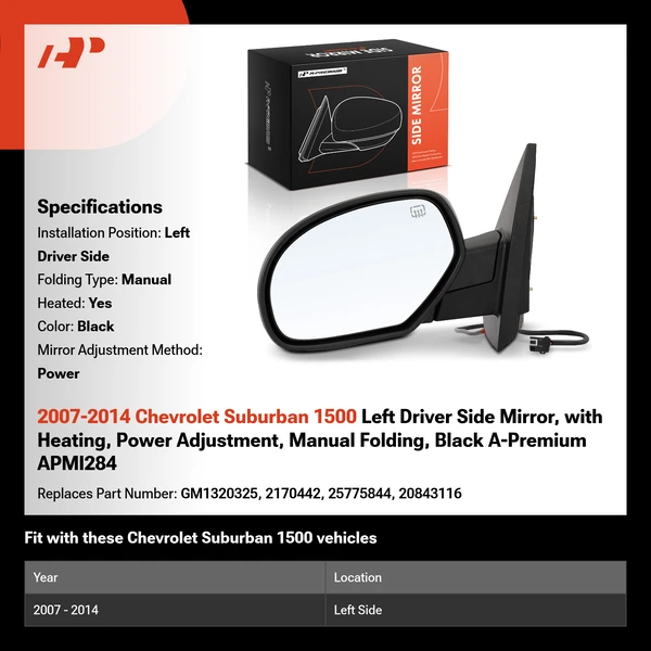 2007-2014 Chevrolet Suburban 1500 Left Driver Side Mirror, with Heating, Power Adjustment, Manual Folding, Black A-Premium APMI284