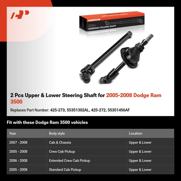 2 Pcs Upper & Lower Steering Shaft for 2005-2008 Dodge Ram 3500