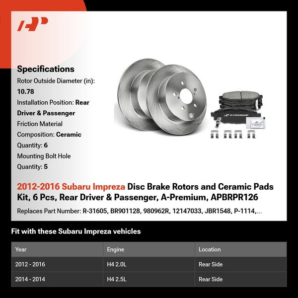 2012-2016 Subaru Impreza Disc Brake Rotors and Ceramic Pads Kit, 6 Pcs, Rear Driver & Passenger, A-Premium, APBRPR126