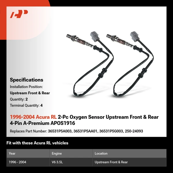 1996-2004 Acura RL 2-Pc Oxygen Sensor Upstream Front & Rear 4-Pin A-Premium APOS1916