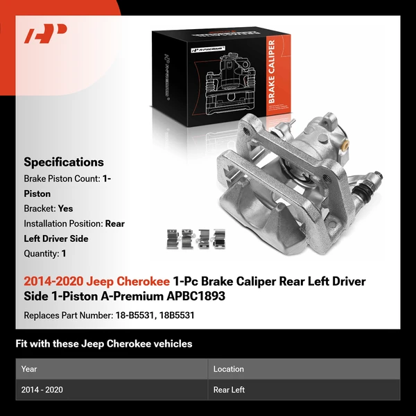 2014-2020 Jeep Cherokee 1-Pc Brake Caliper Rear Left Driver Side 1-Piston A-Premium APBC1893
