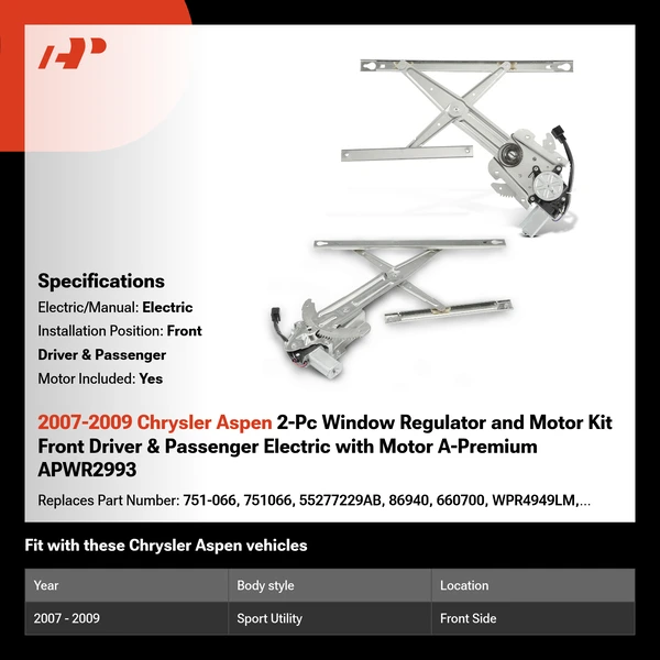 2007-2009 Chrysler Aspen 2-Pc Window Regulator and Motor Kit Front Driver & Passenger Electric with Motor A-Premium APWR2993