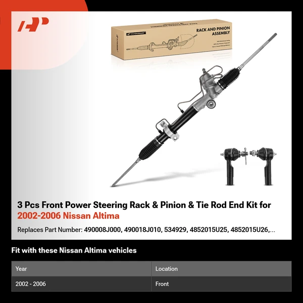 3 Pcs Front Power Steering Rack & Pinion & Tie Rod End Kit for 2002-2006 Nissan Altima
