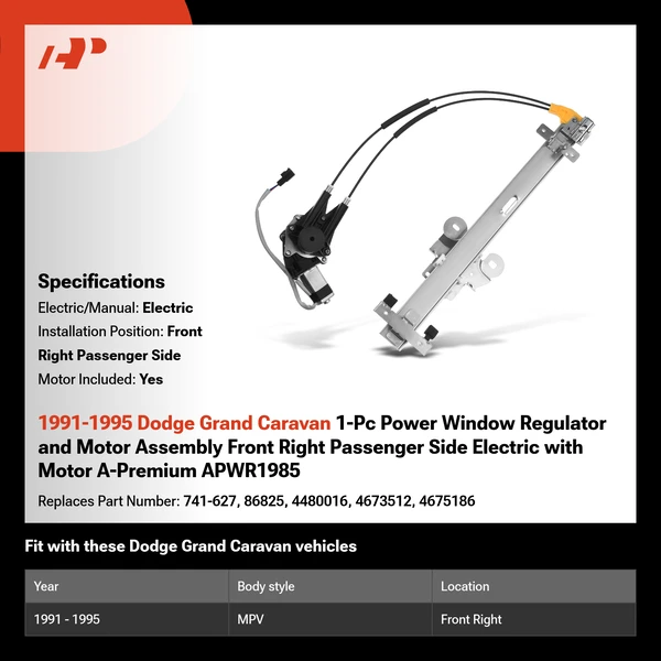 1991-1995 Dodge Grand Caravan 1-Pc Power Window Regulator and Motor Assembly Front Right Passenger Side Electric with Motor A-Premium APWR1985