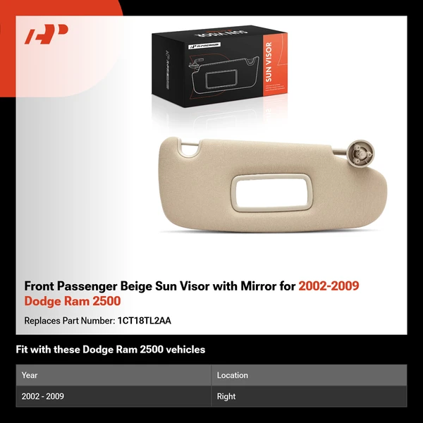 Front Passenger Beige Sun Visor with Mirror for 2002-2009 Dodge Ram 2500