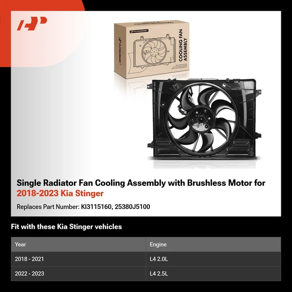 Single Radiator Fan Cooling Assembly with Brushless Motor for 2018-2023 Kia Stinger