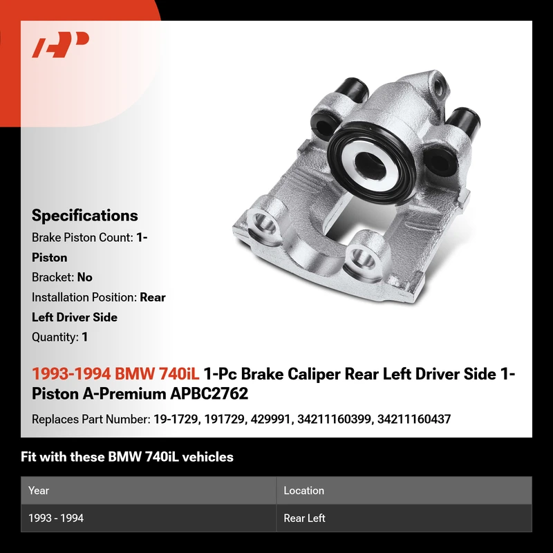 1993-1994 BMW 740iL 1-Pc Brake Caliper Rear Left Driver Side 1-Piston A-Premium APBC2762