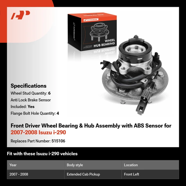 Front Driver Wheel Bearing & Hub Assembly with ABS Sensor for 2007-2008 Isuzu i-290