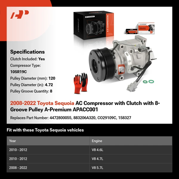 2008-2022 Toyota Sequoia AC Compressor with Clutch with 8-Groove Pulley A-Premium APACC001